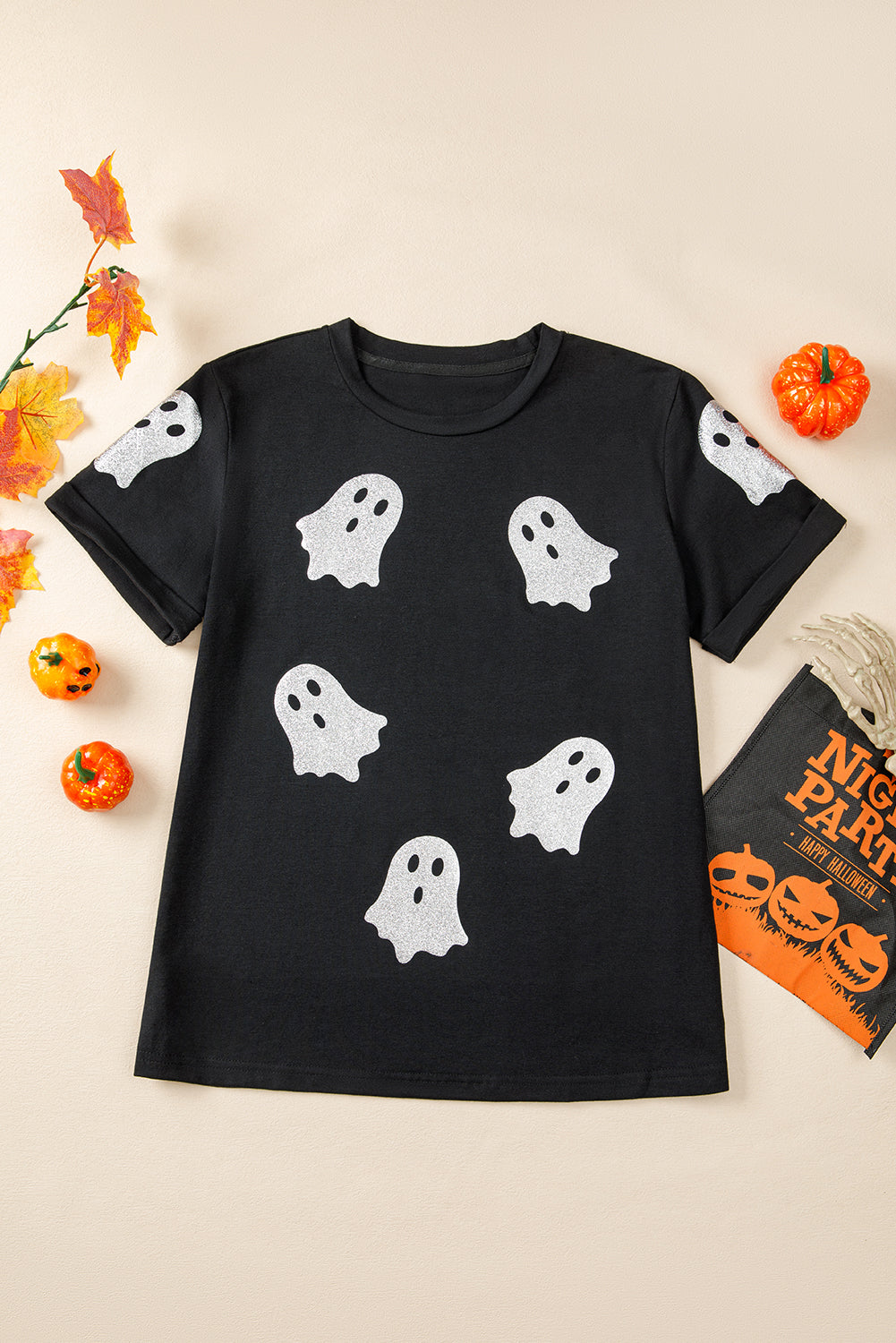 Black Glitter Ghost Pattern Halloween T Shirt