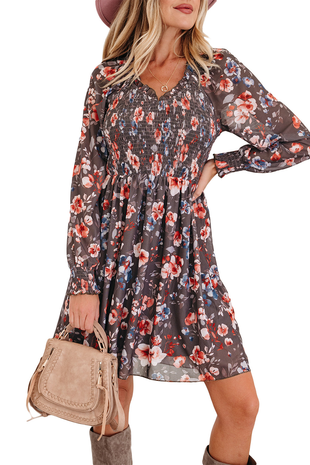 Fall Floral Smocked Bodice Mesh Long Sleeve Mini Dress