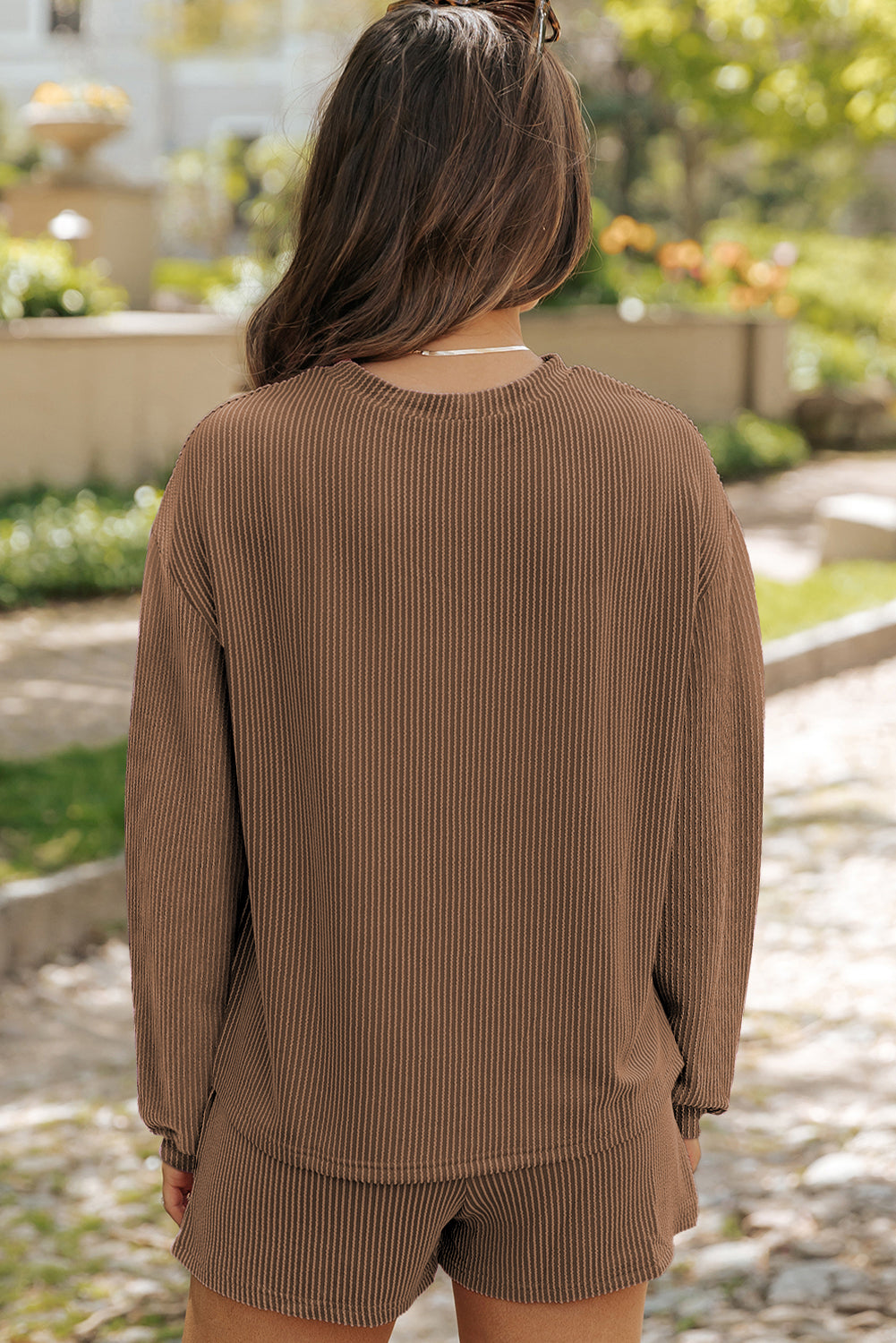 Corded Knit Long Sleeve Top and Shorts Set
