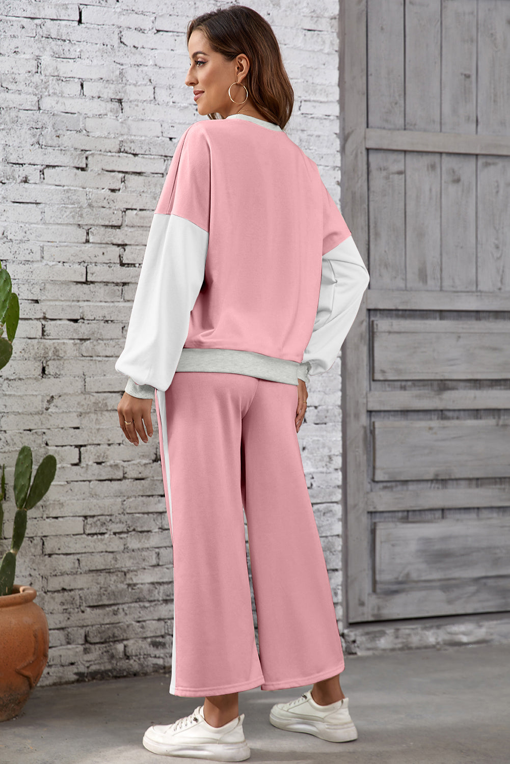 2pcs Color Block Casual Pullover Pant Set