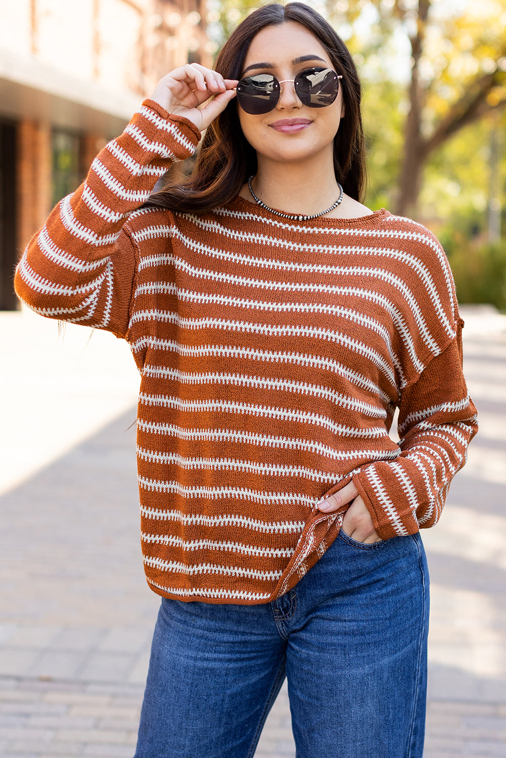 Thanksgiving Striped Drop Shoulder Knit Sweater