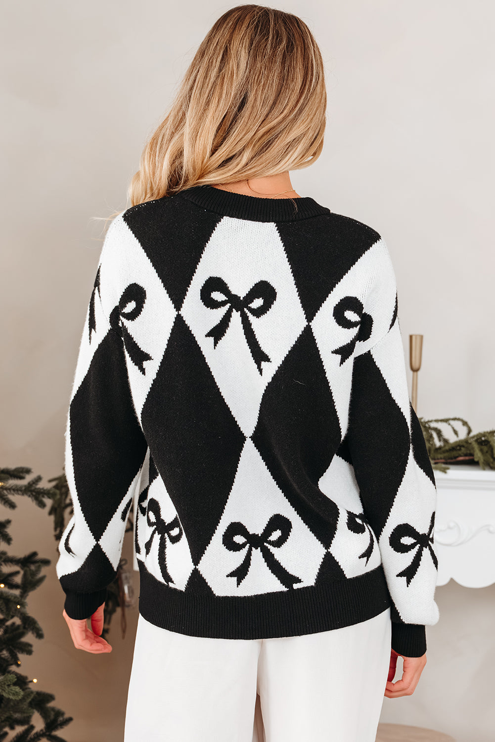 Bow Print Colorblock Rhombus Knit Sweater