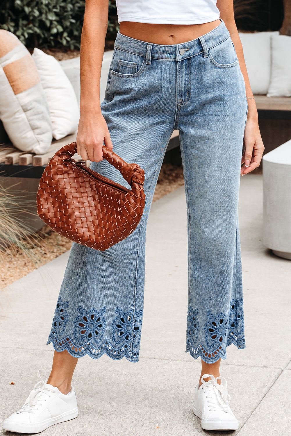 Embroidered Eyelet Wide Leg Cropped Jeans