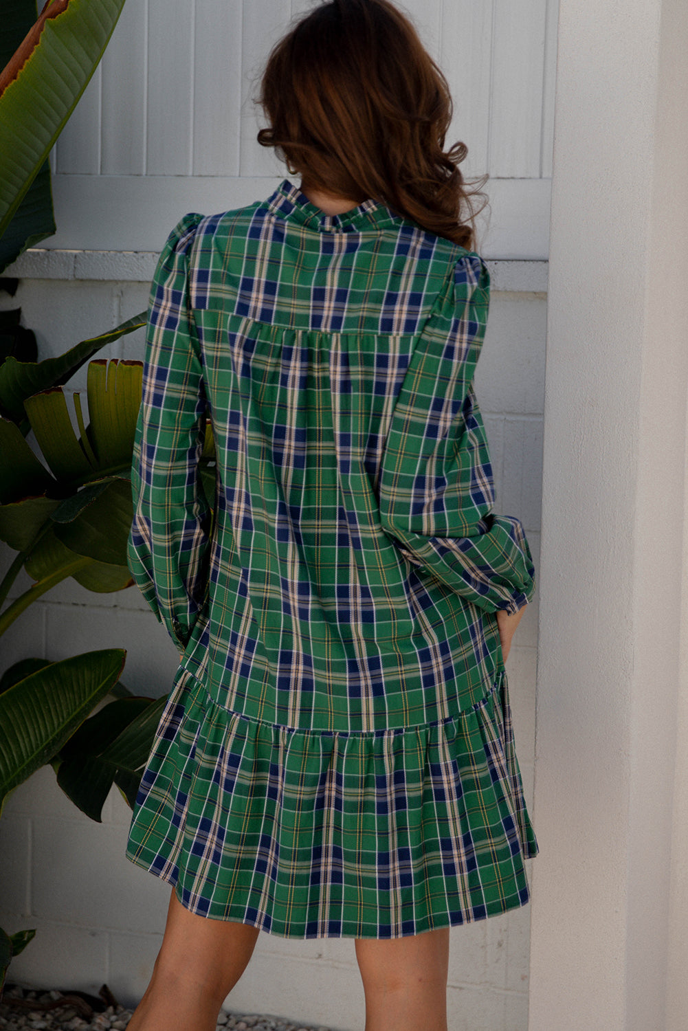 Plaid Ruffle Collar Long Sleeve Casual Mini Dress
