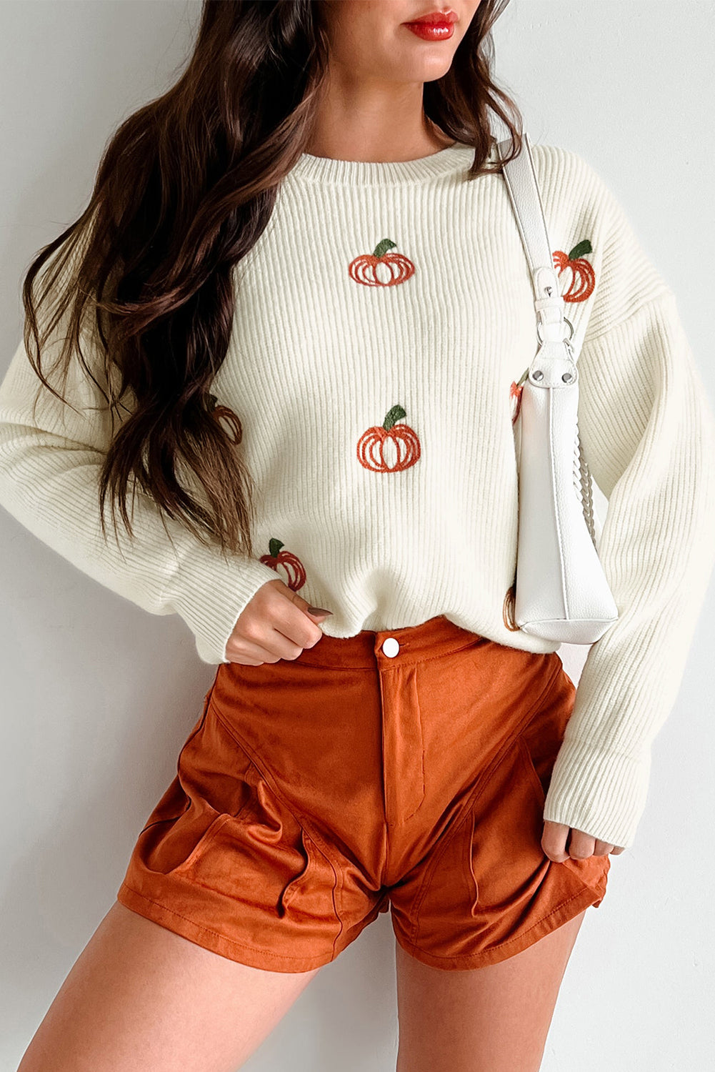 Pumpkin Embroidered Ribbed Thanksgiving Halloween Sweater
