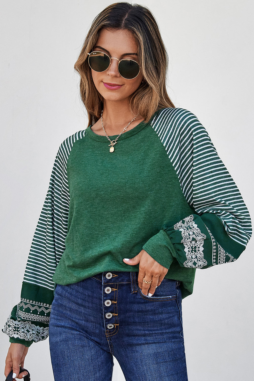 Contrast Print Striped Raglan Long Sleeve Loose Top