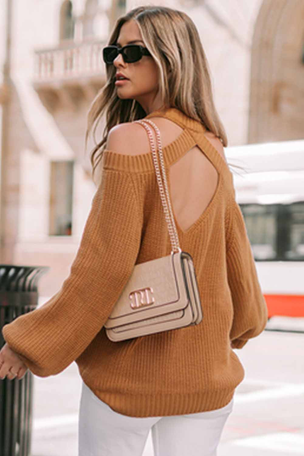 Brown Cold Shoulder Hollow-out Back Sweater