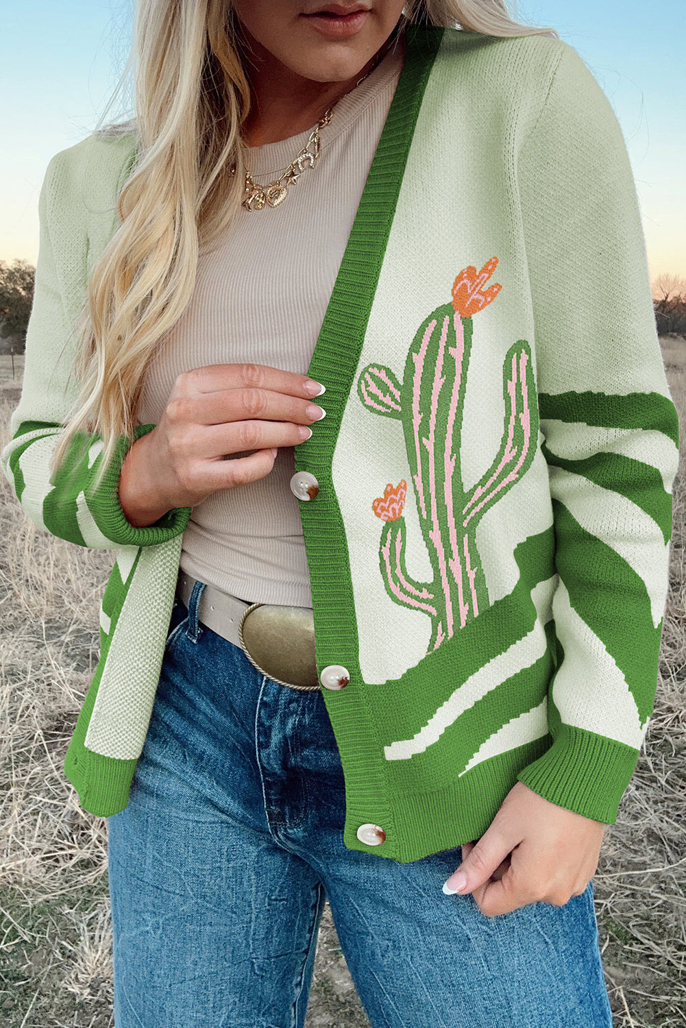 Apricot Cactus Western V Neck Knit Cardigan