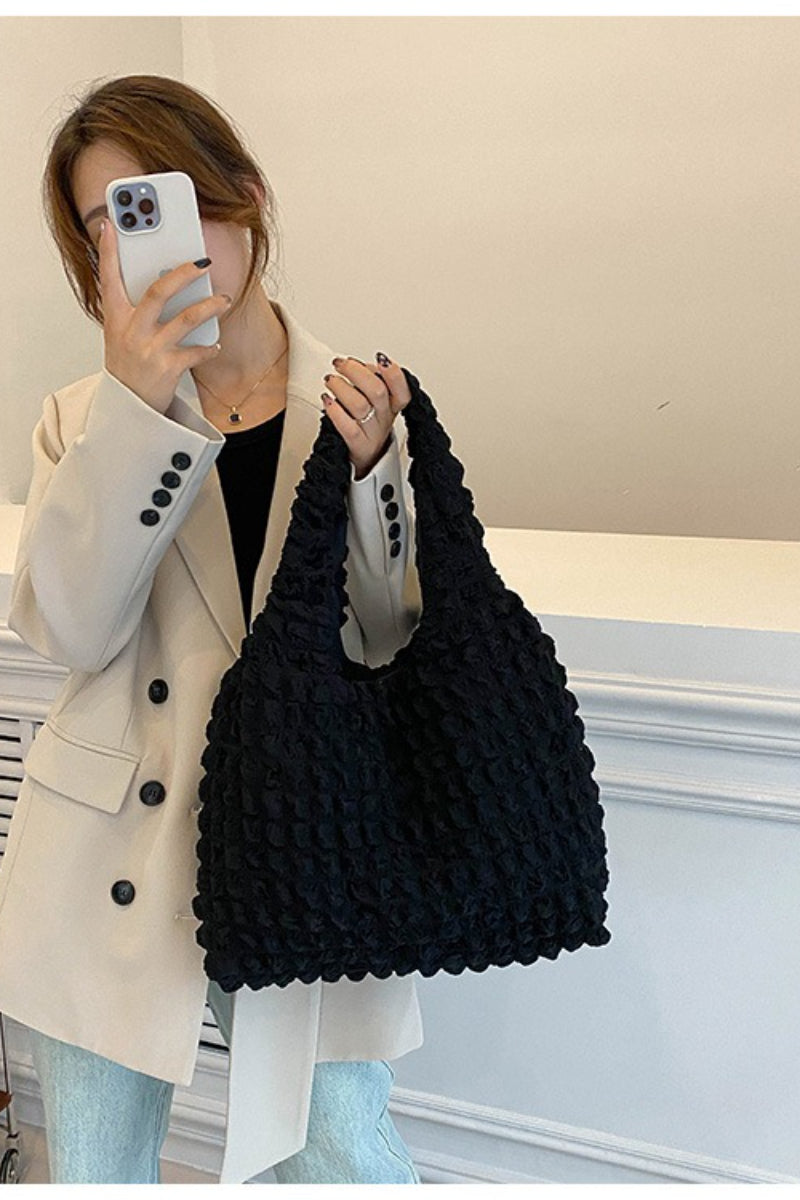 Trendy Pleated Shoulder Bucket Tote Handbag