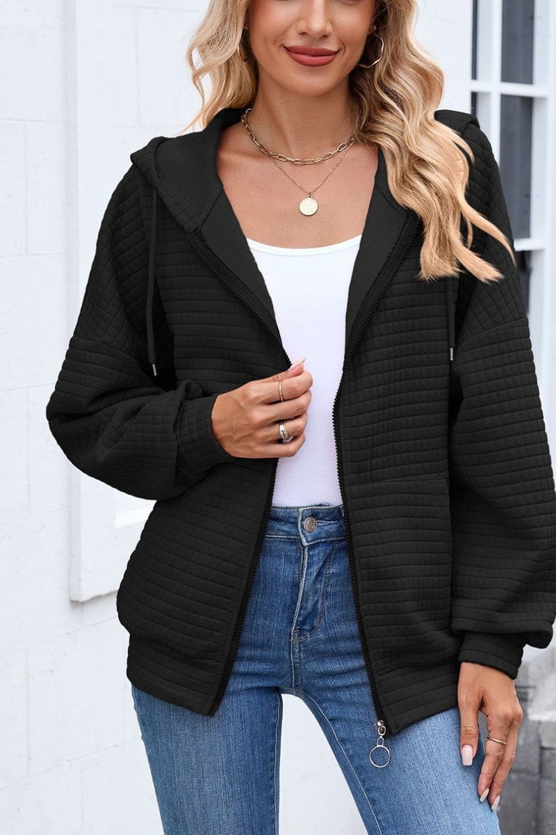 Quilted Zip-Up Hoodie Casual Long Sleeve Sweatshirt