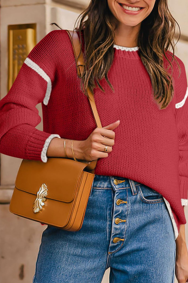 Women Color Block Crew Neck Pullover Sweater
