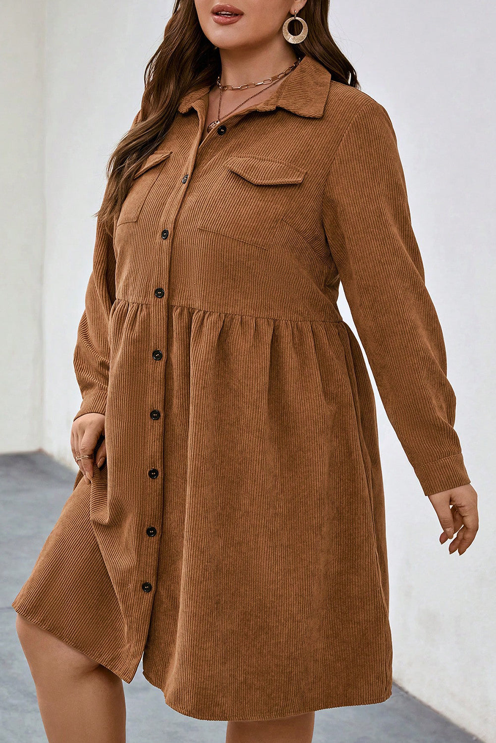 Corduroy Button Up Collared Plus Size Shirt Dress