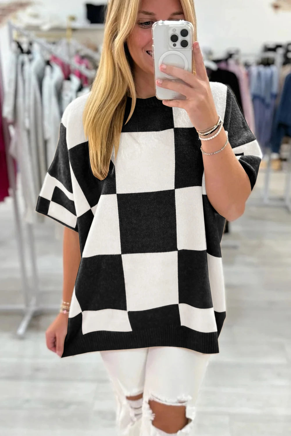 Checkered Colorblock Loose Knit Half Sleeve Sweater