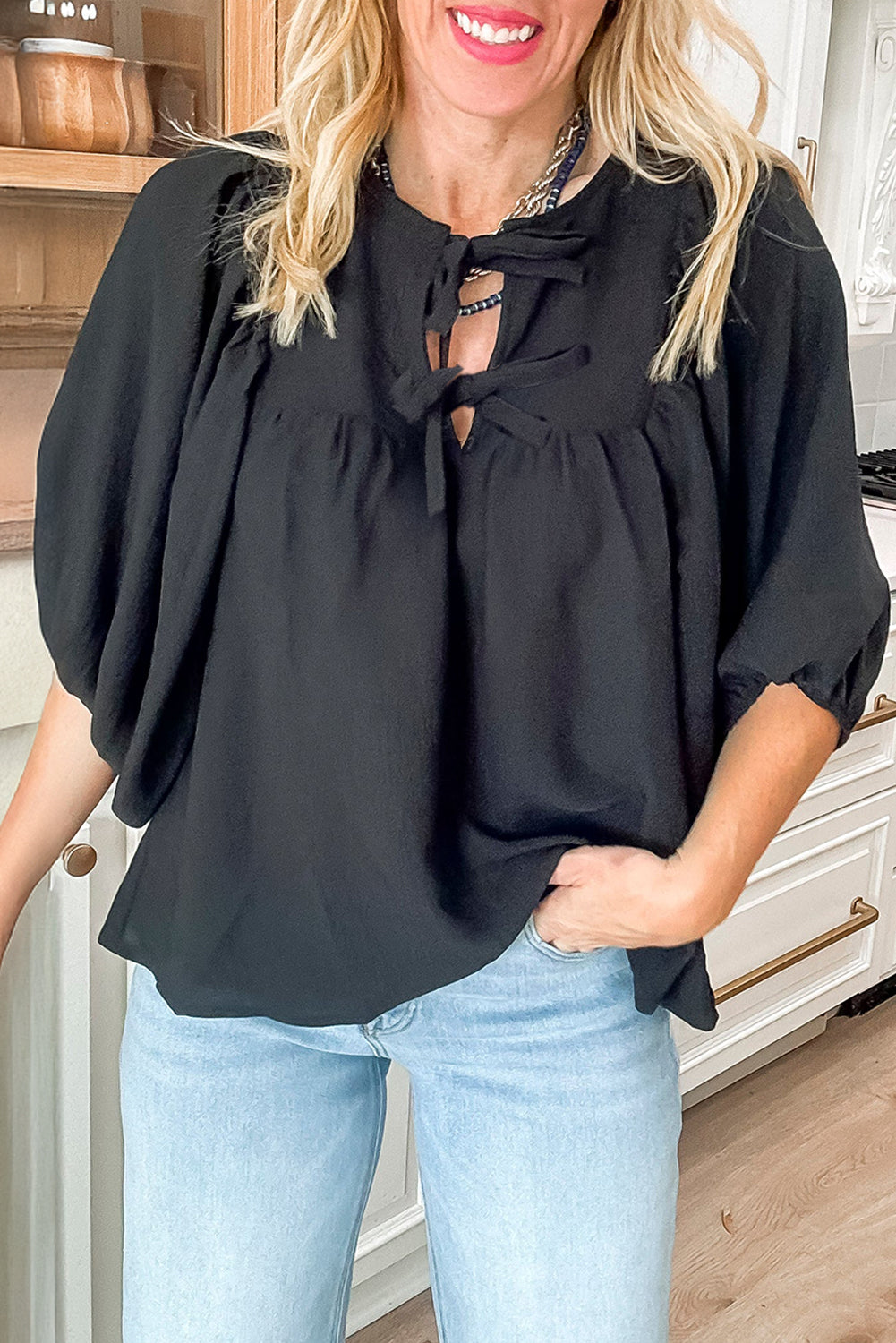 Fall Bow Tie Neck 3/4 Sleeve Layering Blouse