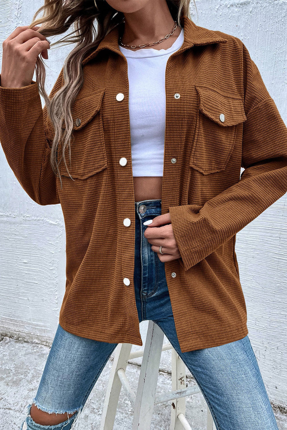Brown Textured Drop Shoulder Flap Pocket Shacket