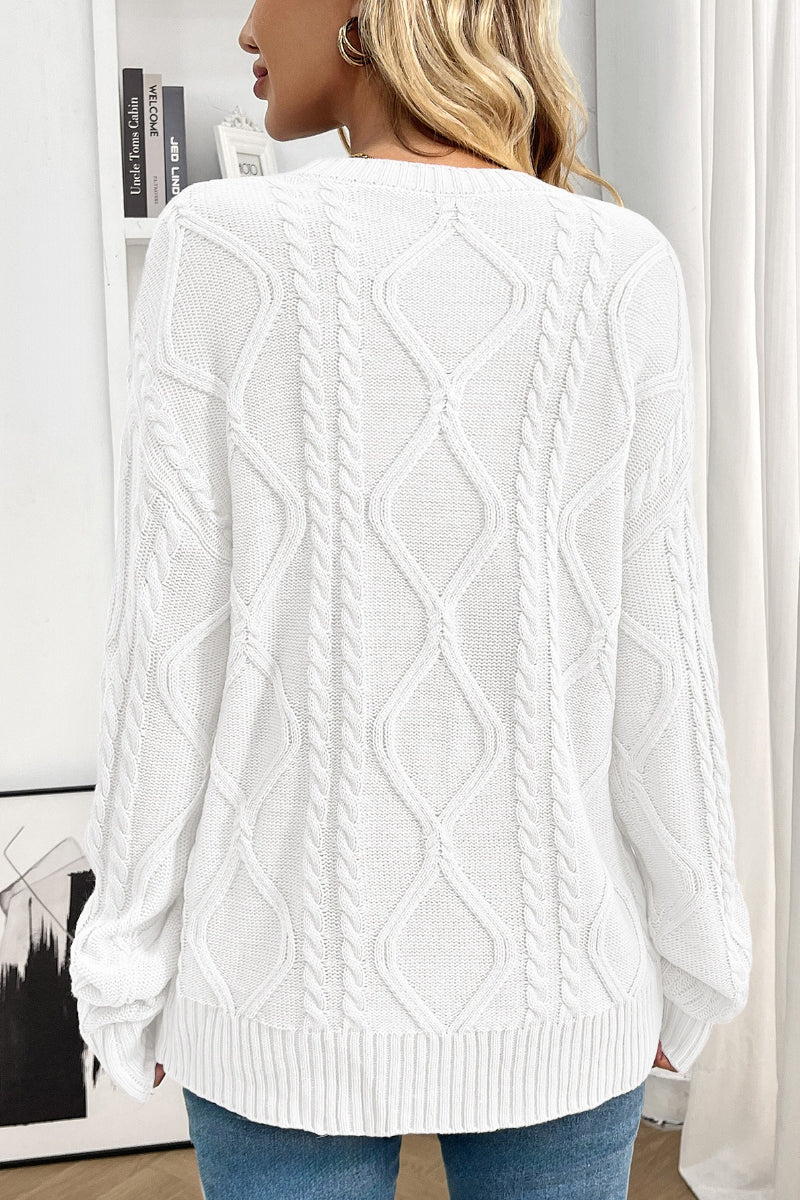 Women Cable Knit Crew Neck Pullover Sweater