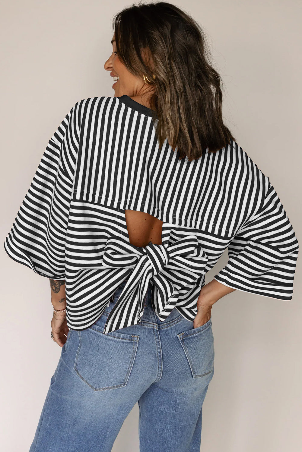 Striped Bow Back Cutout Wide Sleeve Loose Top