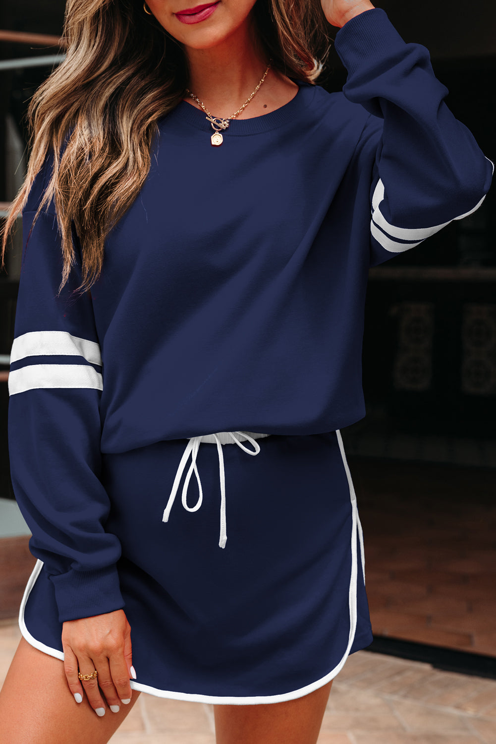 Varsity Stripe Pullover and Mini Skirt Two Piece Set