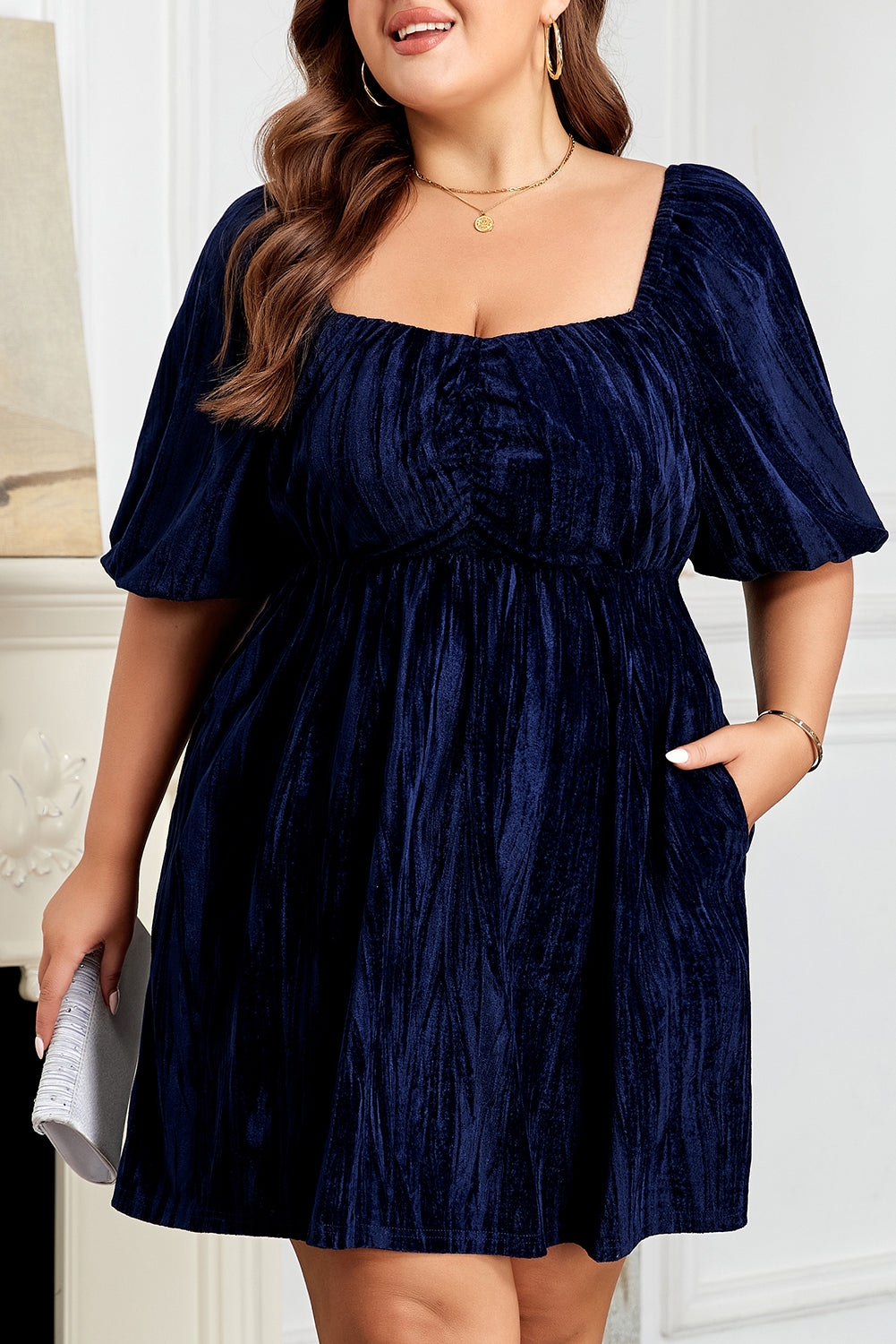 Velvet Ruched Bust Square Neck Puff Sleeve Plus Dress