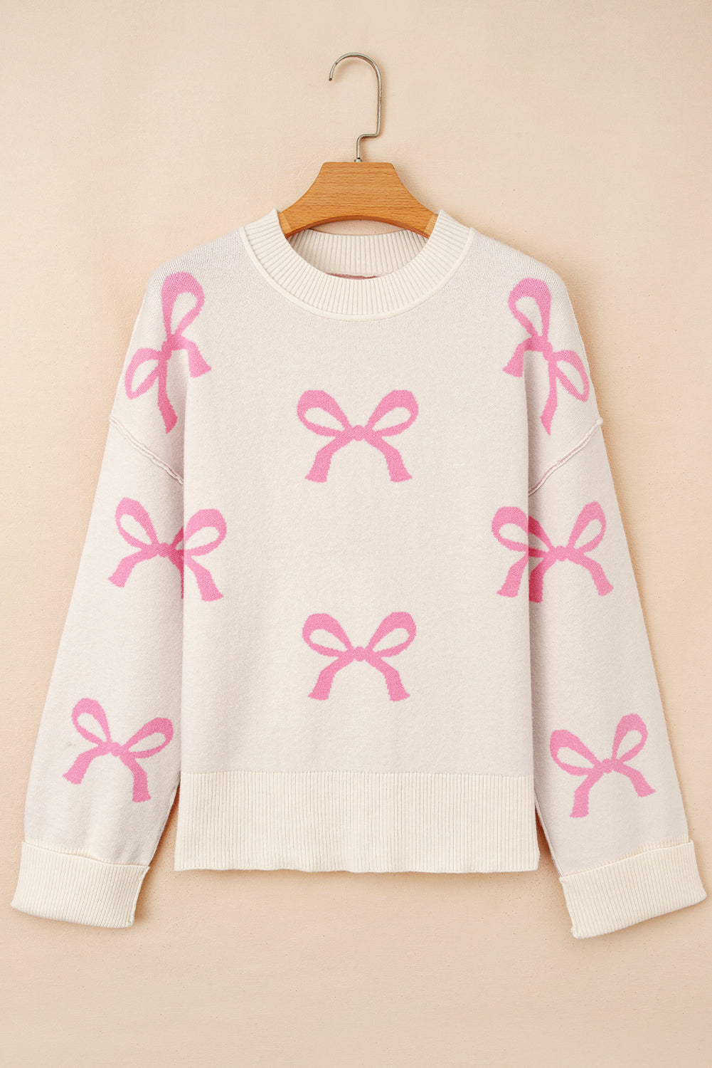 Pink Bow Print Ribbed Trim Casual Loose Sweater