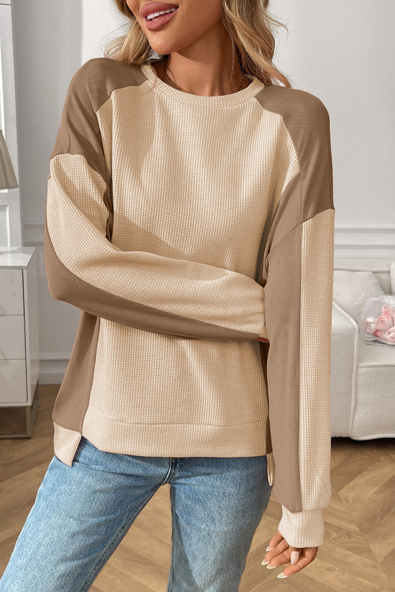 Colorblock Waffle Knit Crewneck Long Sleeve Top