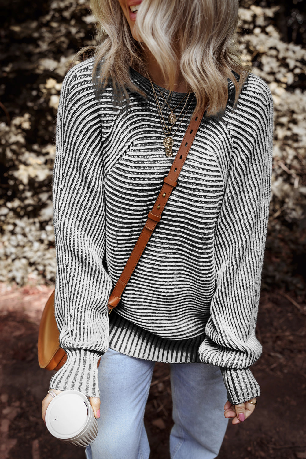 Striped Knit Oversized Boat Neck Fall Sweater