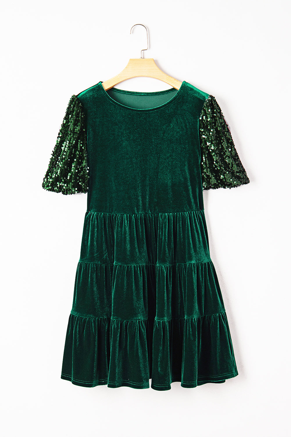 Evergreen Sequin Puff Sleeve Tiered Velvet Mini Dress