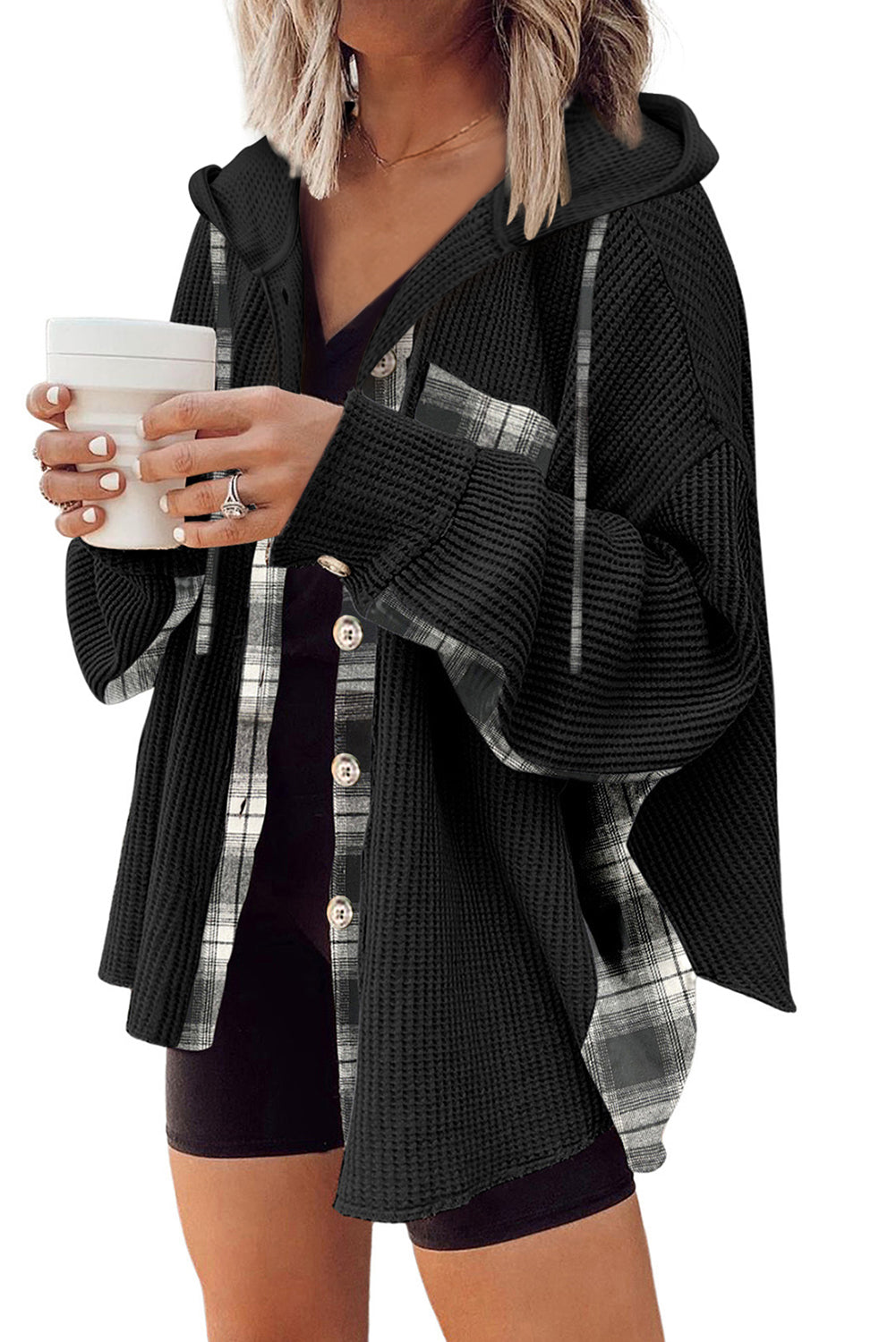 Black Waffle Knit Plaid Hooded Shacket
