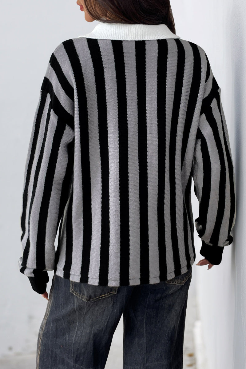 Striped Knit Collared Pullover Sweater Top