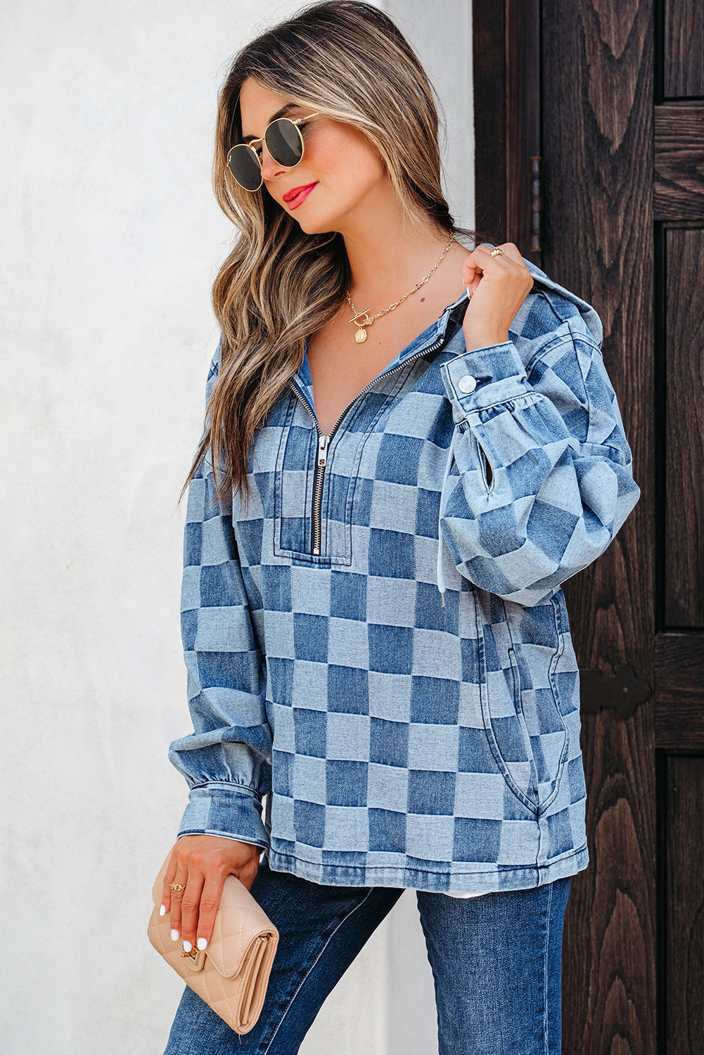 Checkerboard Quarter Zip Kangaroo Pocket Denim Top