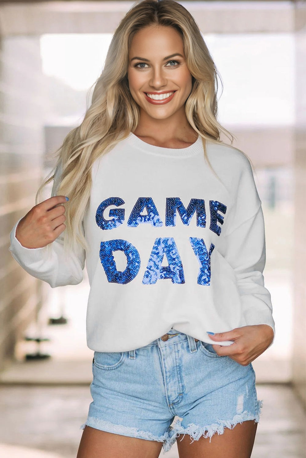 White Sequin GAME DAY Graphic Round Neck Sweater