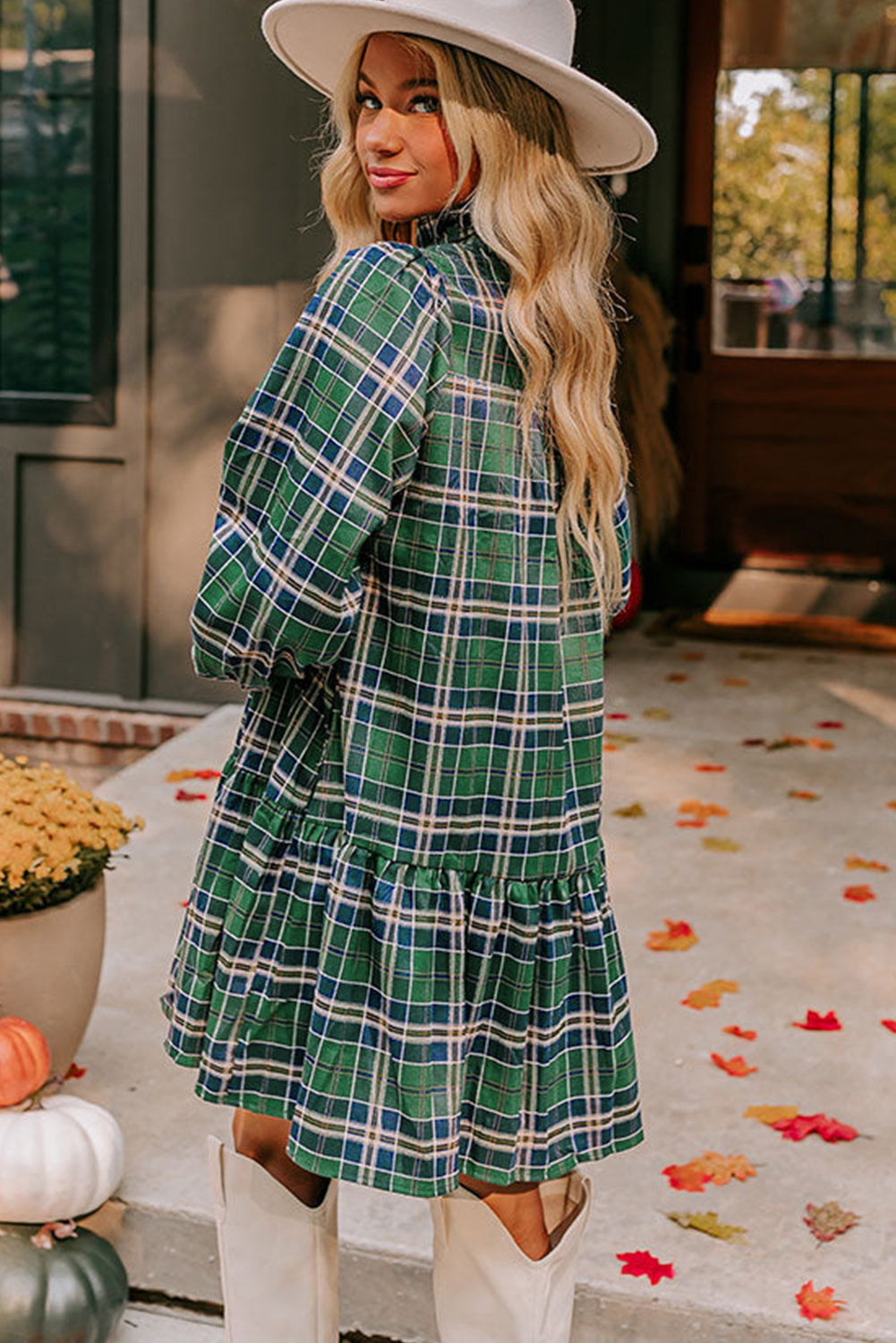 Plaid Ruffle Collar Long Sleeve Casual Mini Dress