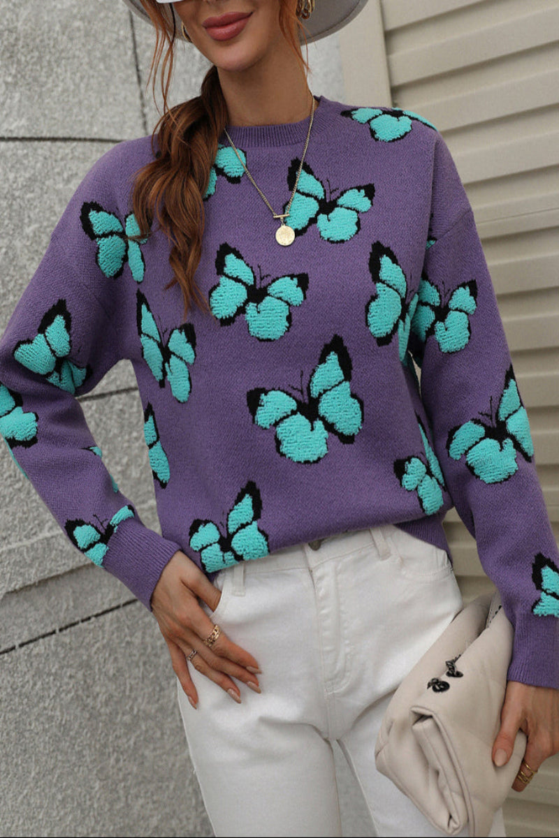 Womens Butterfly Print Crewneck Knit Sweater
