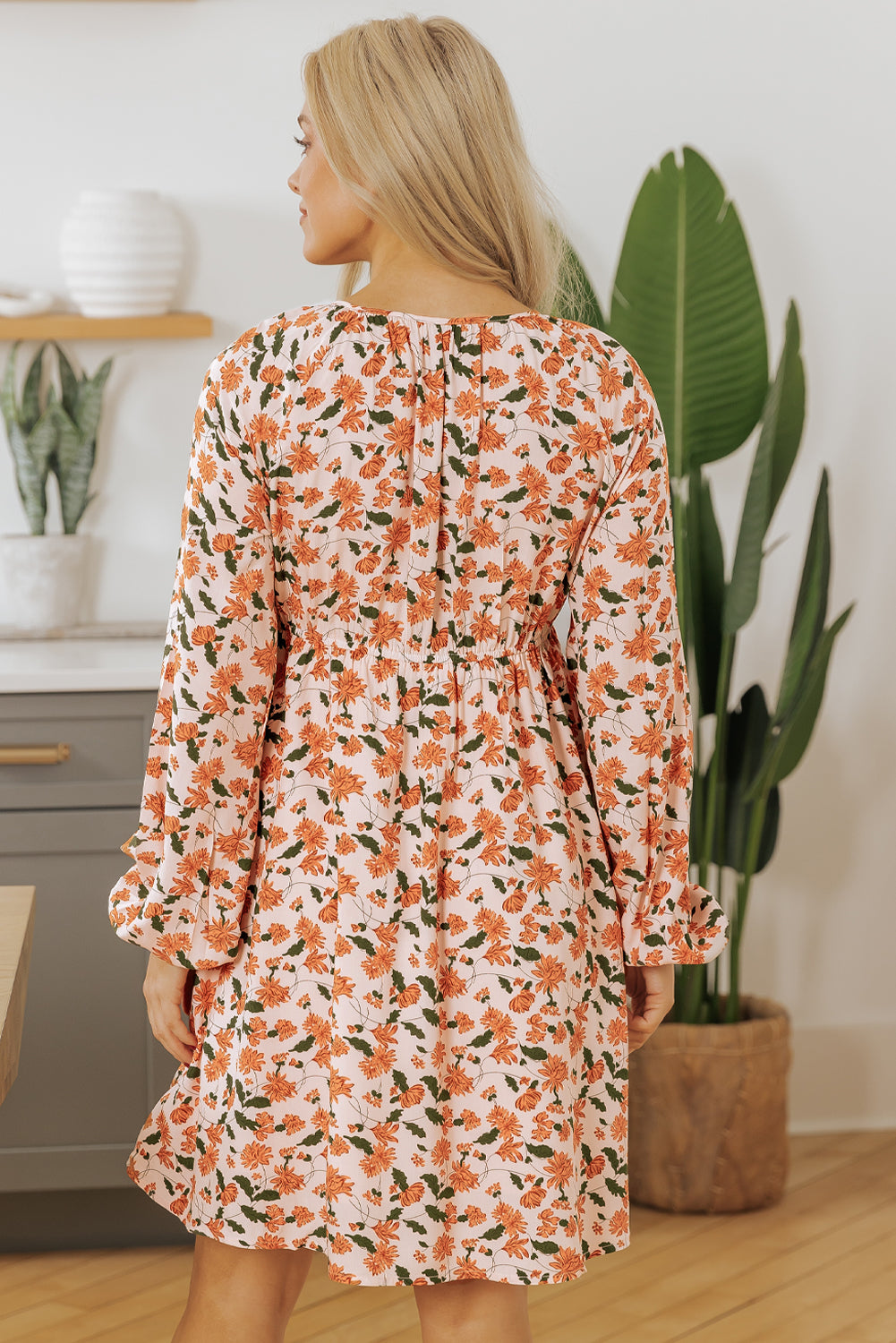 Floral V Neck Smocked Bust Bubble Sleeve Mini Dress