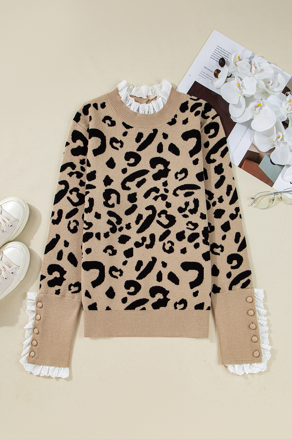 Leopard Print Lace Detail Long Sleeve Sweater