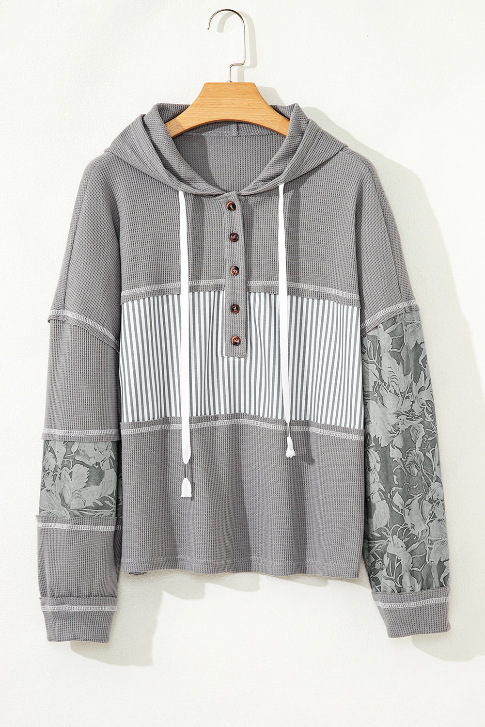 Waffle Patchwork Stripe Print Hooded Long Sleeve Top