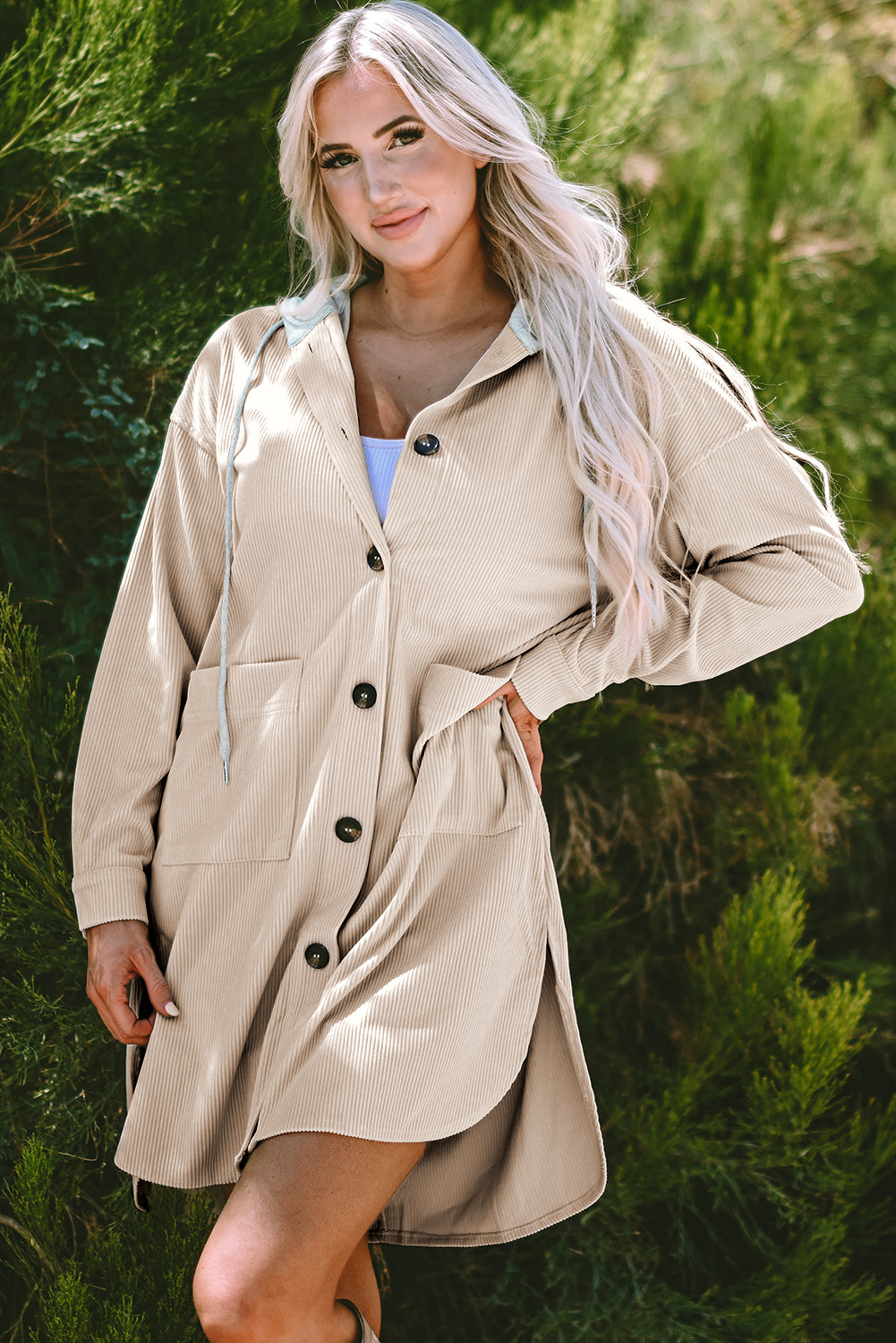Jungle Green Corduroy Hooded Shacket for Fall