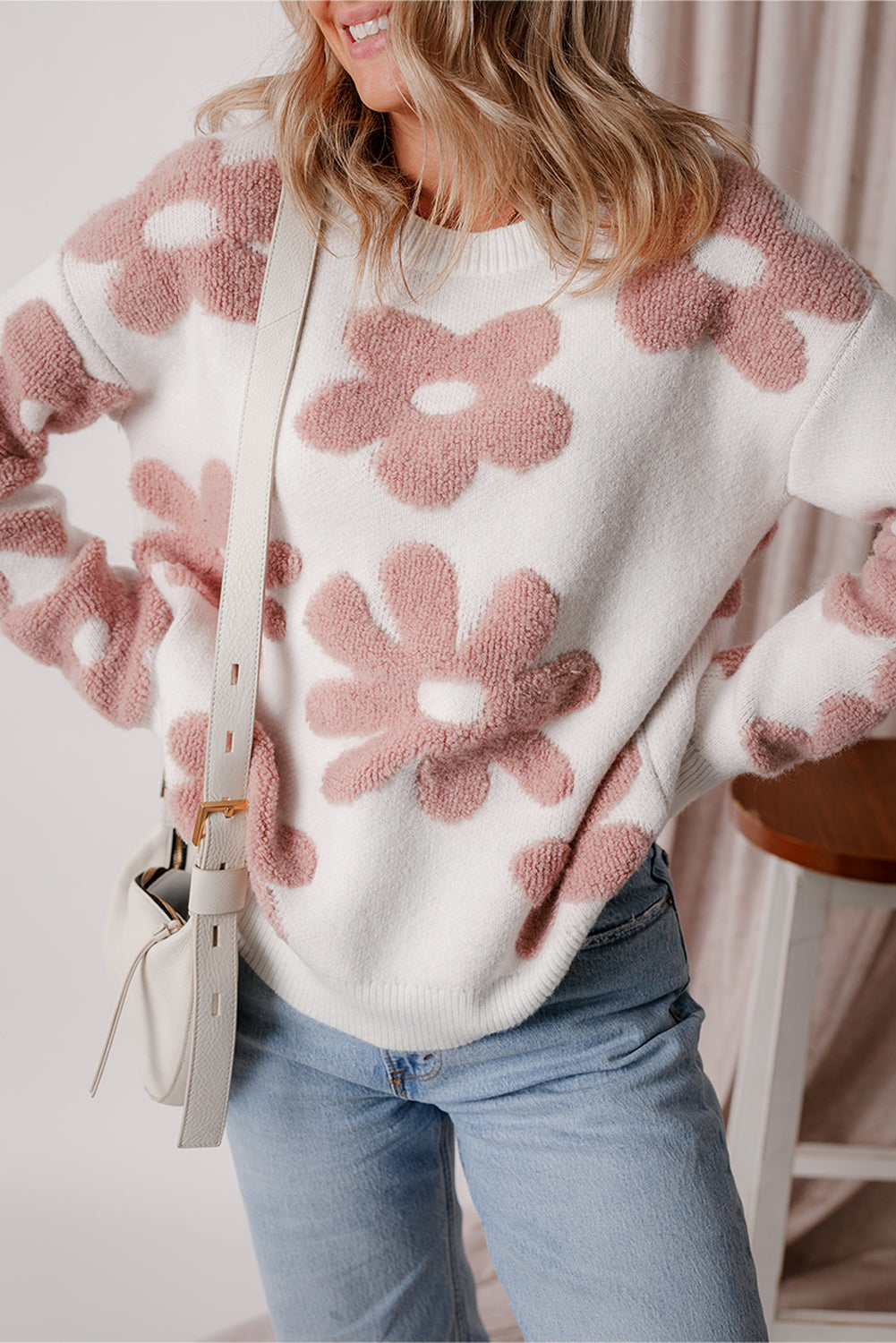 Textured Floral Fuzzy Knit Pullover Sweater