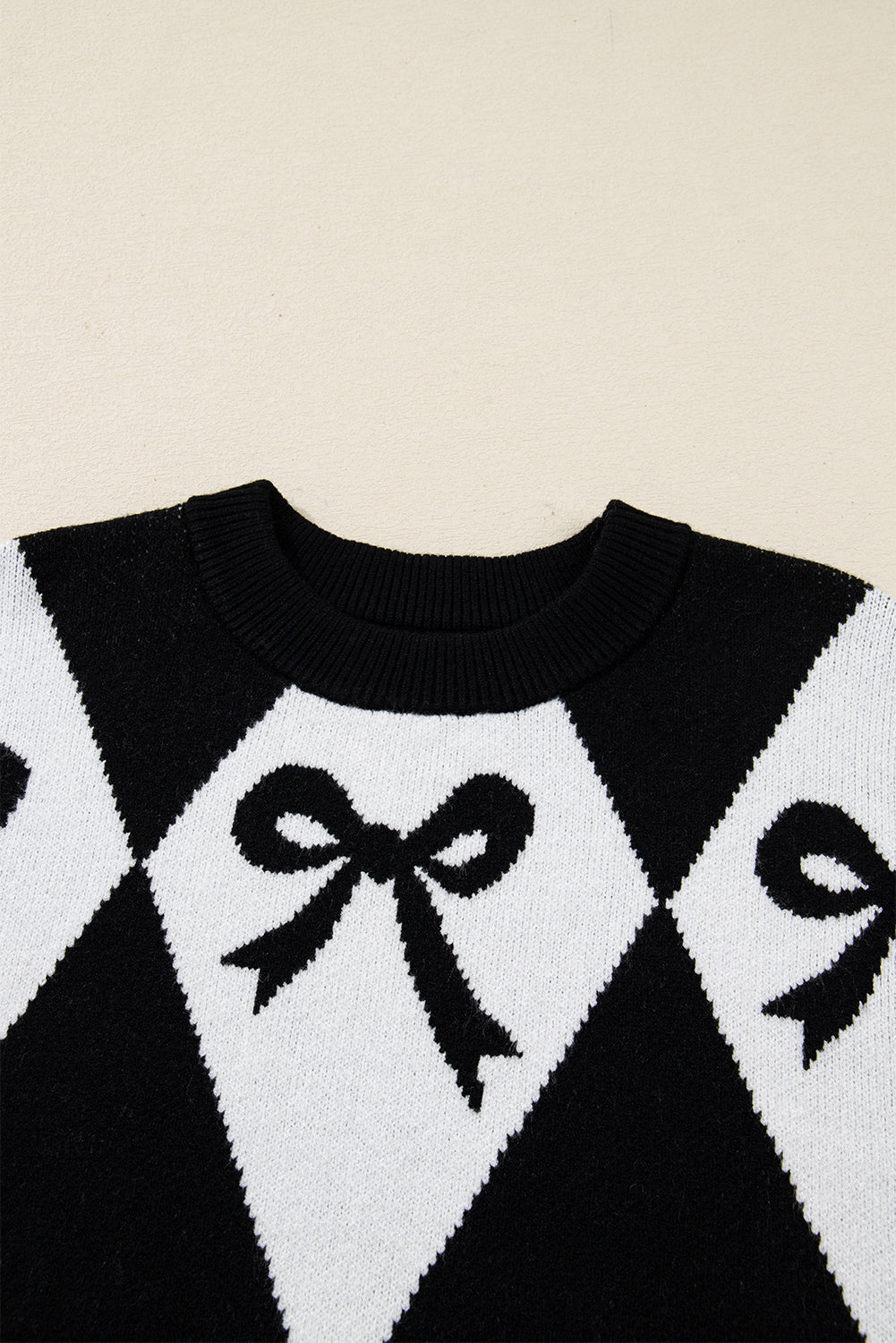 Bow Print Colorblock Rhombus Knit Sweater