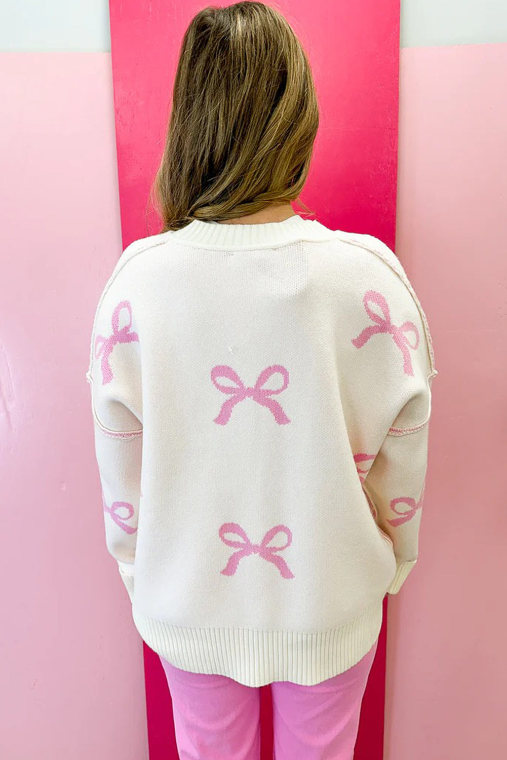 Pink Bow Print Ribbed Trim Casual Loose Sweater