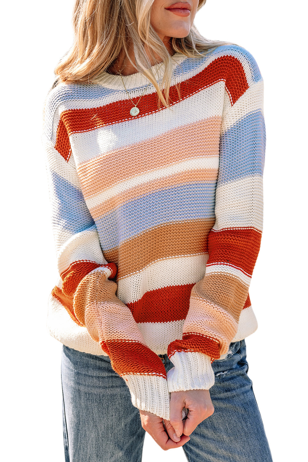 Striped Colorblock Round Neck Drop Shoulder Sweater