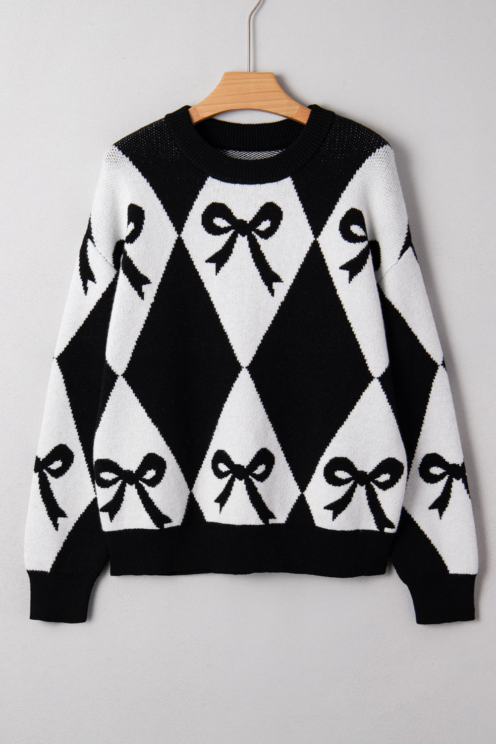 Bow Print Colorblock Rhombus Knit Sweater