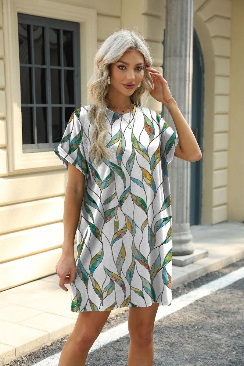 Floral Print Crew Neck Short Sleeve Pocket Dress