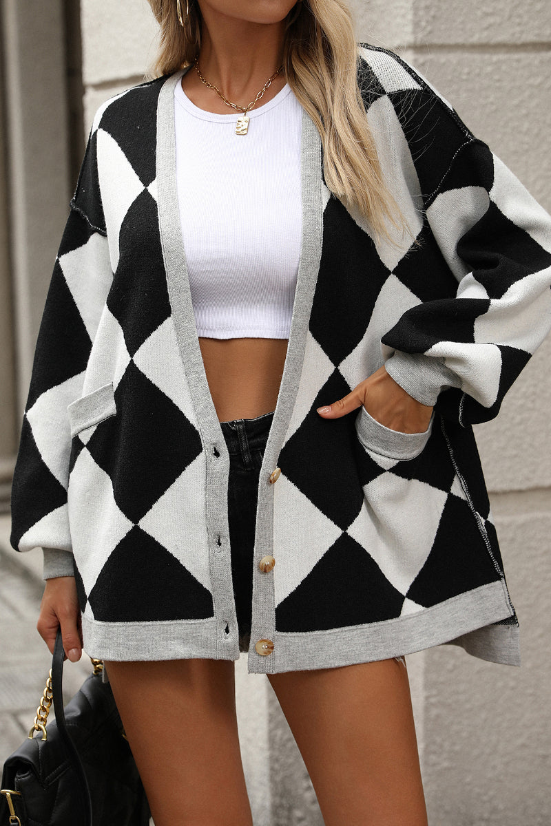 V-neck Colorblock Knit Cardigan Sweater - Casual and Chic