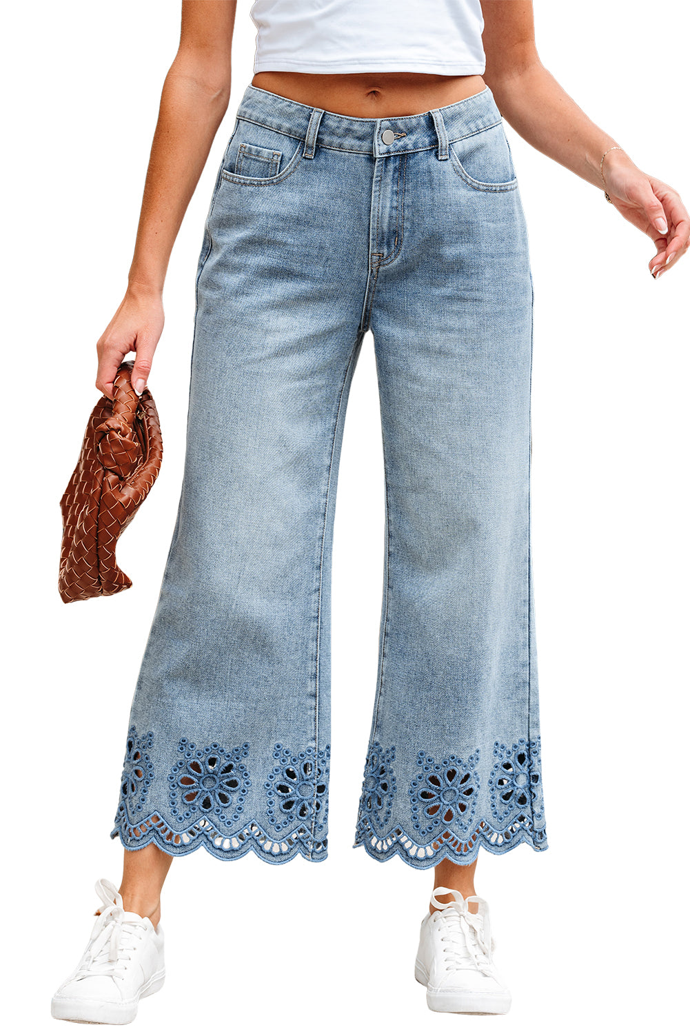 Embroidered Eyelet Wide Leg Cropped Jeans