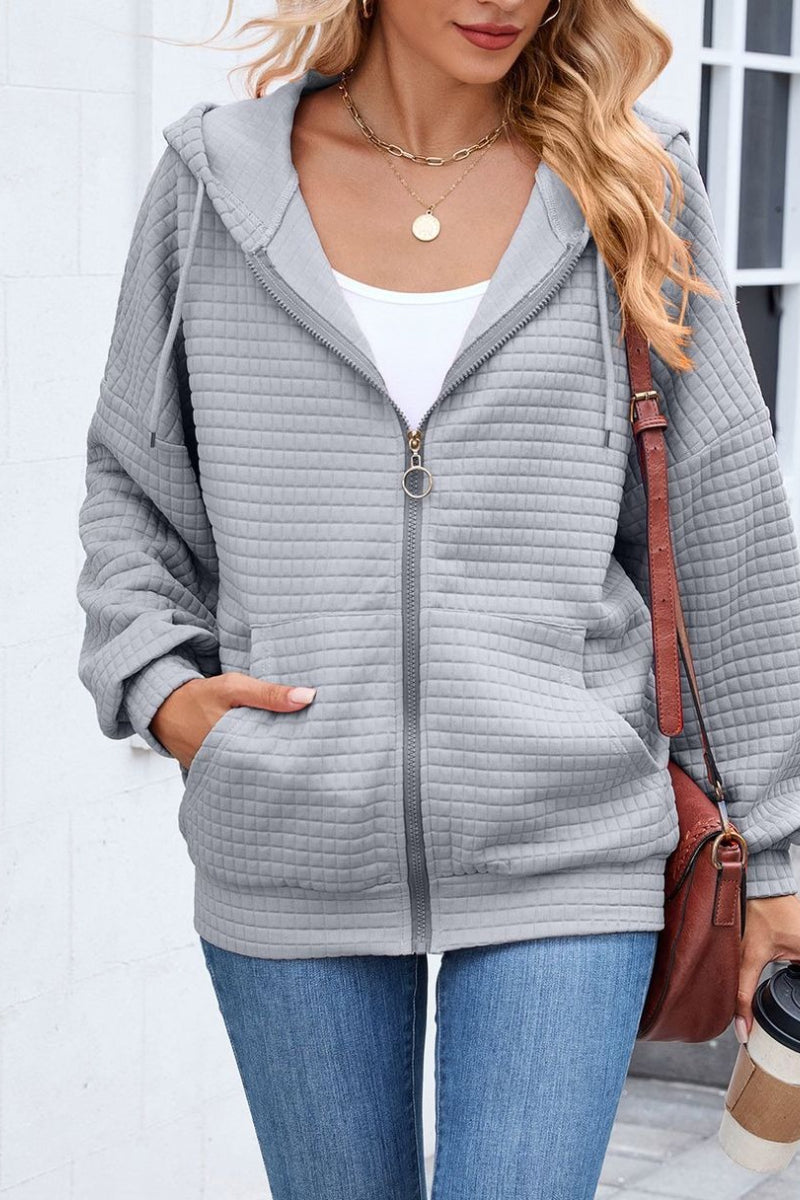 Quilted Zip-Up Hoodie Casual Long Sleeve Sweatshirt