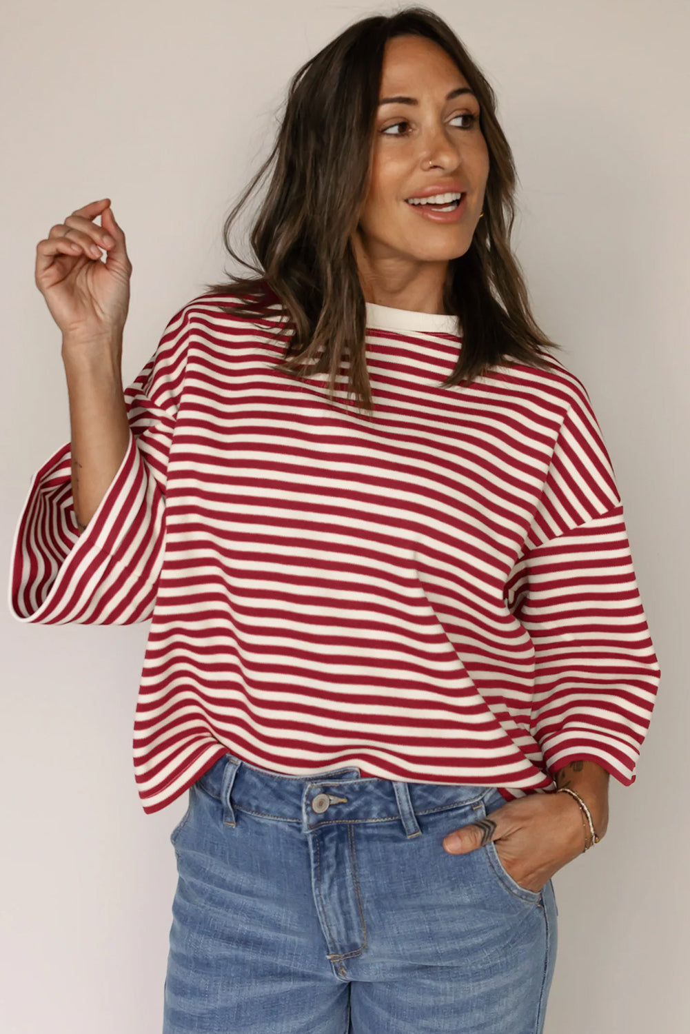 Striped Bow Back Cutout Wide Sleeve Loose Top