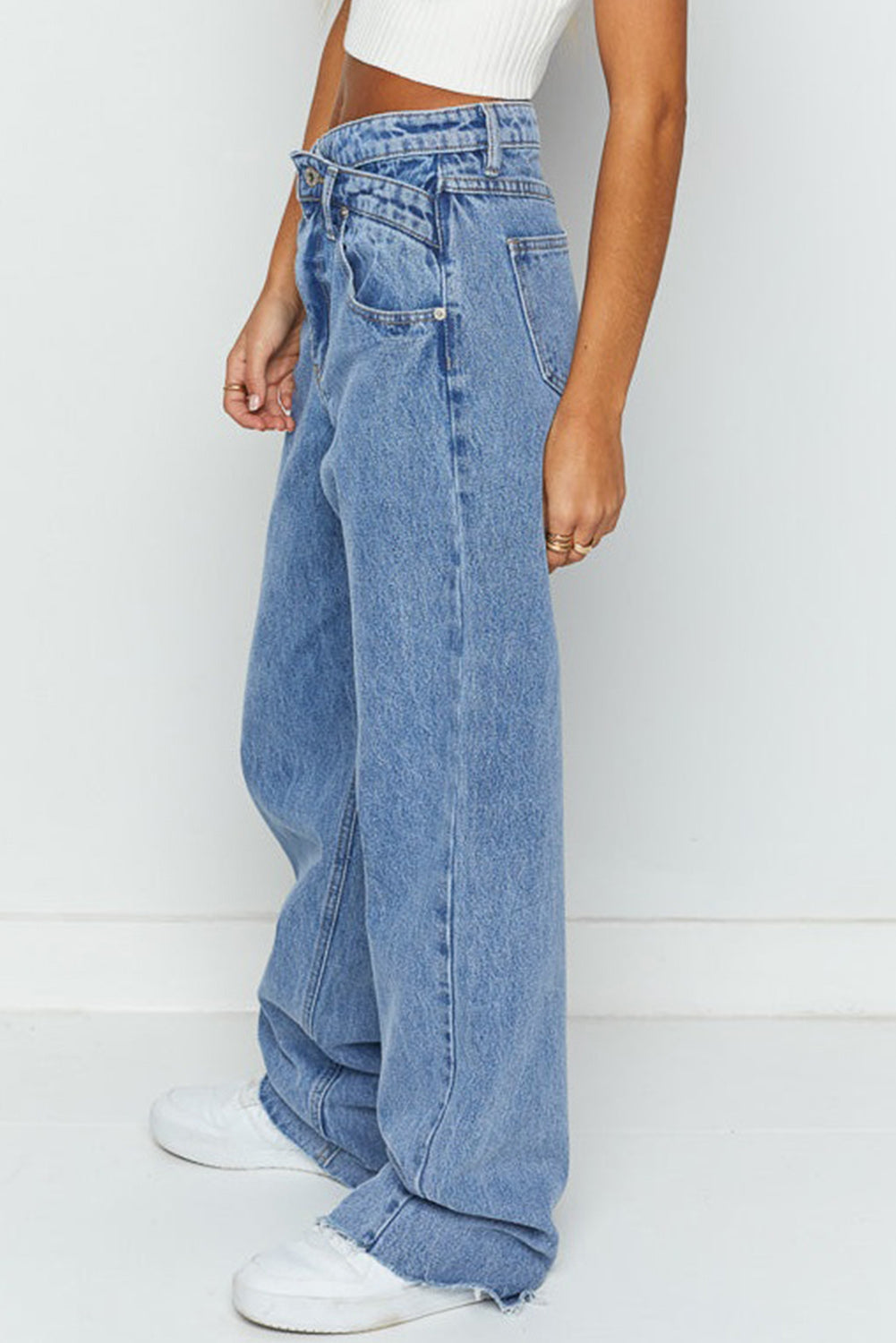 Mid Rise Asymmetrical Waist Wide Leg Jeans