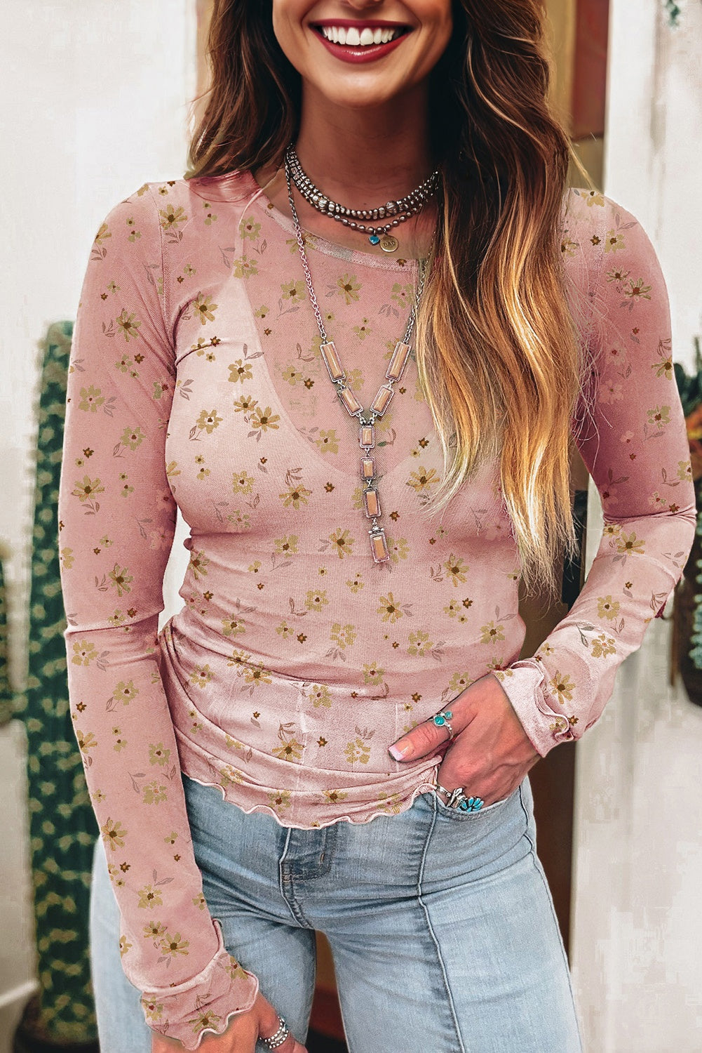 Pink Vintage Floral Print Southern Style Mesh Long Sleeve Top