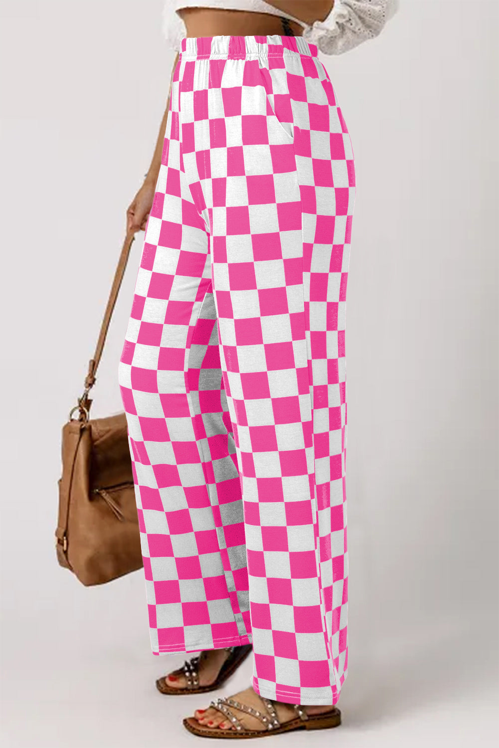 2-Tone Checked High Waist Wide Leg Pants